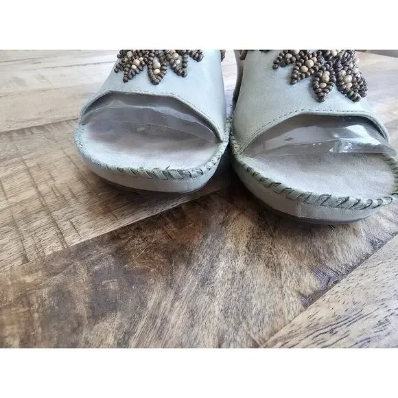 Clarks Artisan Collection Green Empress Beaded Wooden Wedge Sandal Size 7 M EUC - Picture 6 of 12